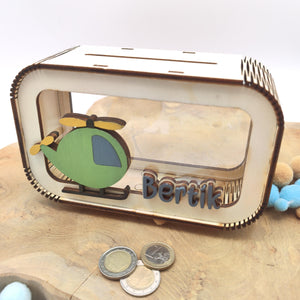 Hubschrauber Spardose personalisiert mit Namen in Wunschfarben, Sparbüchse, Sparschwein, Geldgeschenk, Geschenk Geburt, Taufe, Geburtstag