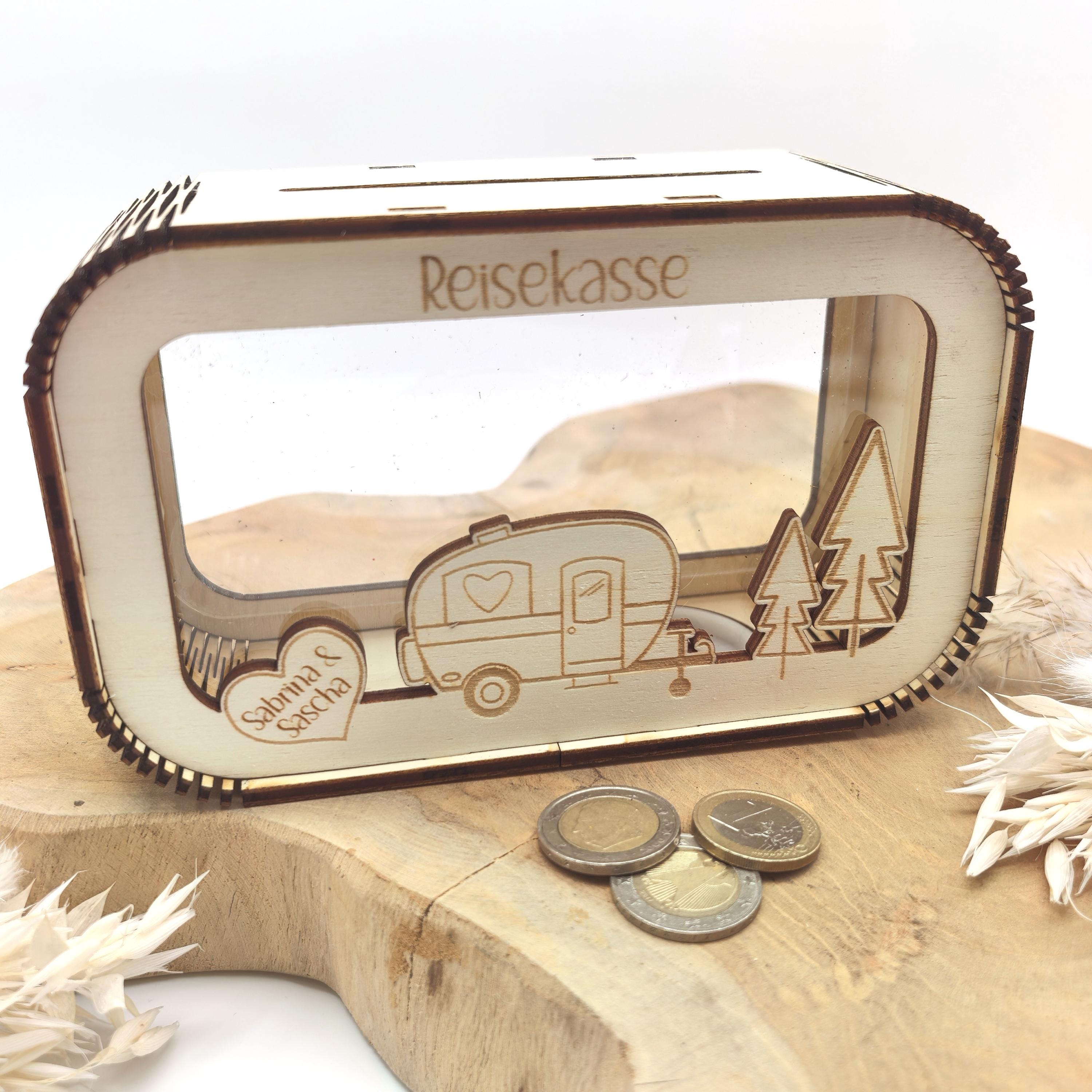 Spardose Reisekasse personalisiert mit Name, Geldgeschenk, Sparschwein Geburtstagsgeschenk Freundin Ehefrau Einzugsgeschenk, Camper, Camping