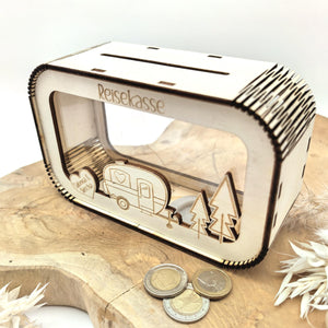 Spardose Reisekasse personalisiert mit Name, Geldgeschenk, Sparschwein Geburtstagsgeschenk Freundin Ehefrau Einzugsgeschenk, Camper, Camping