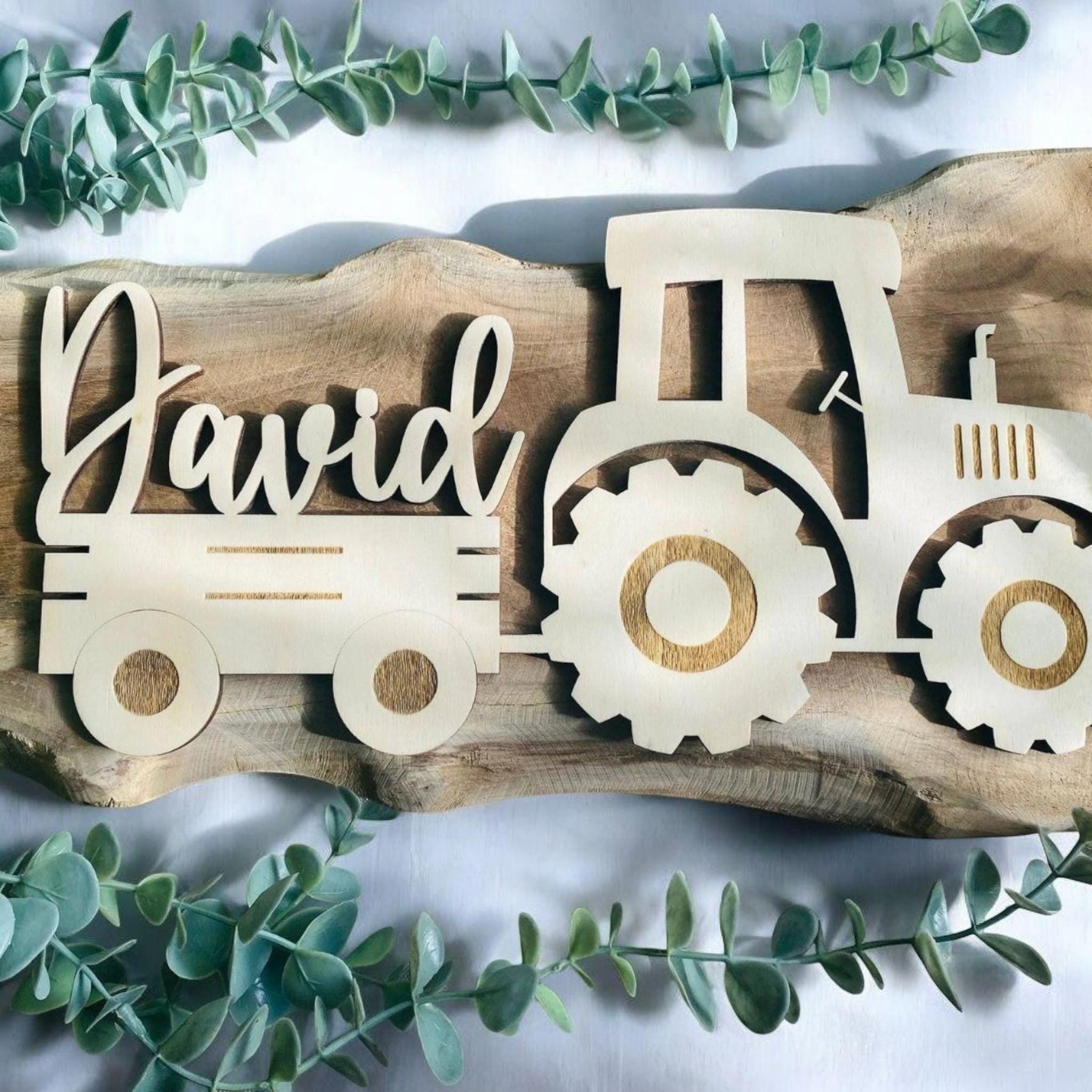 Türschild Traktor personalisiert fürs Kinderzimmer, gefertigt in Wunschfarben, Geschenk Taufe, Geburt, Kindergeburtstag Trecker Namensschild