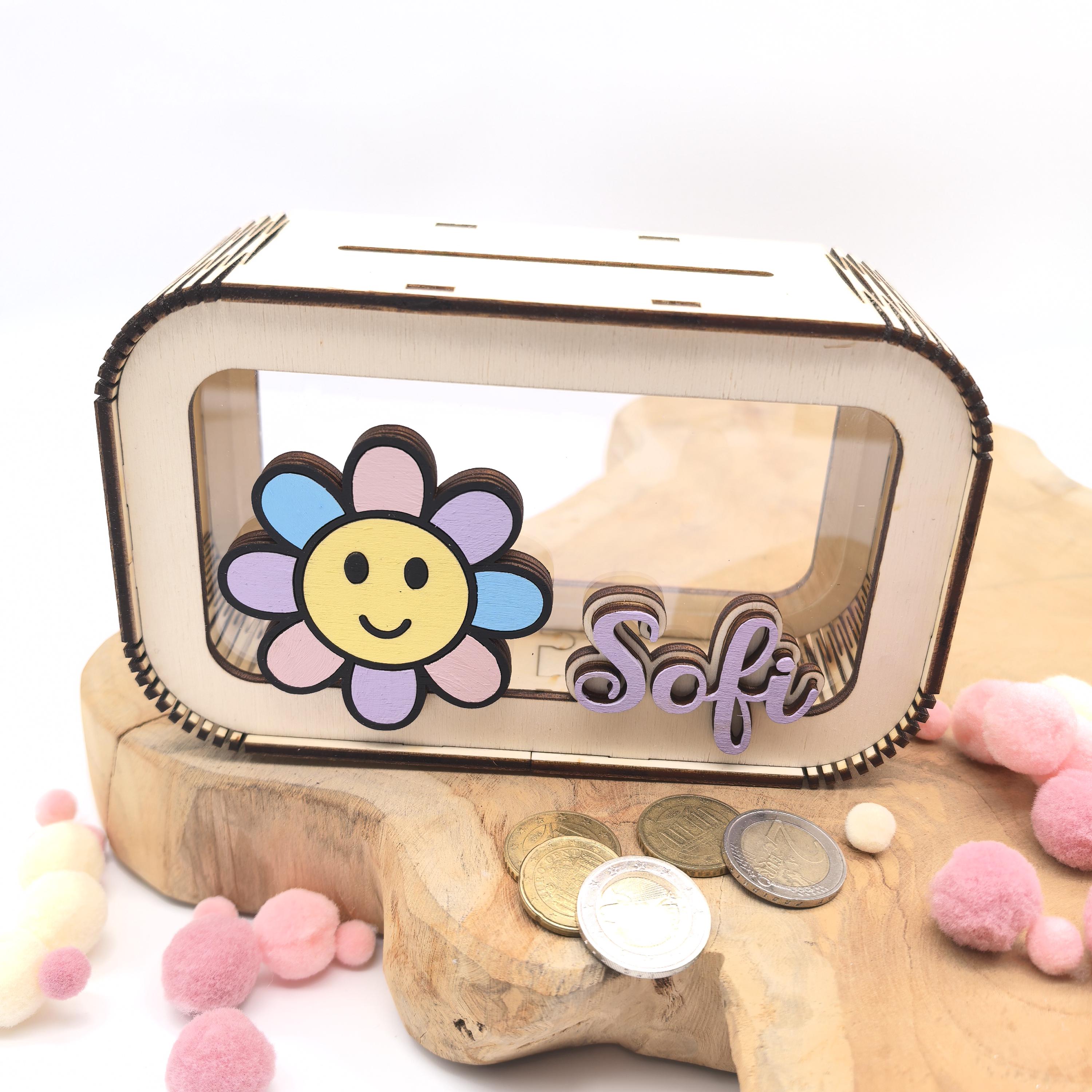 Blumen Spardose personalisiert mit Namen in Wunschfarben, Sparbüchse, Sparschwein, Geldgeschenk, Geschenk Geburt, Taufe, Geburtstag, Daisy