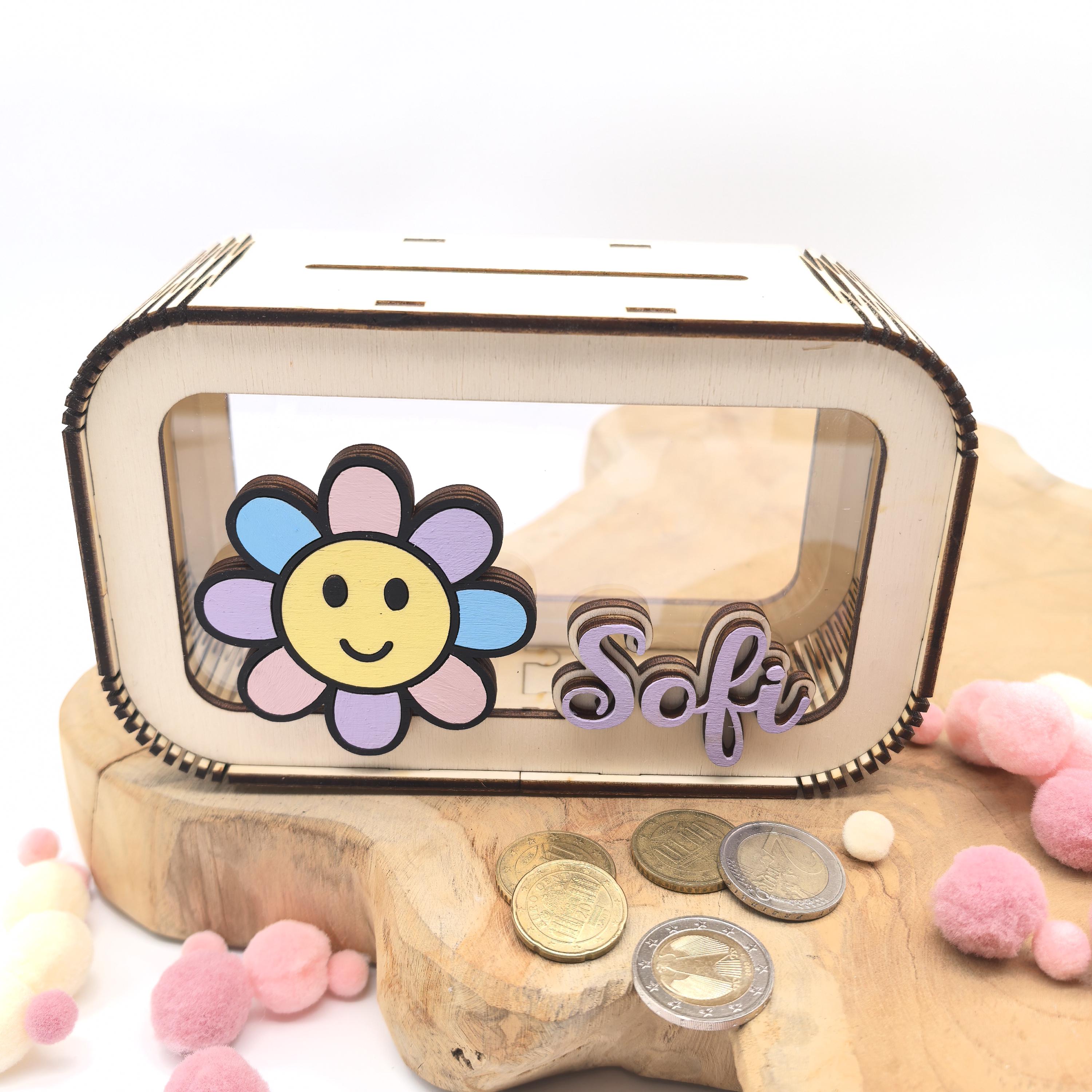 Blumen Spardose personalisiert mit Namen in Wunschfarben, Sparbüchse, Sparschwein, Geldgeschenk, Geschenk Geburt, Taufe, Geburtstag, Daisy