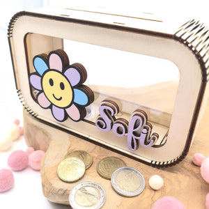 Blumen Spardose personalisiert mit Namen in Wunschfarben, Sparbüchse, Sparschwein, Geldgeschenk, Geschenk Geburt, Taufe, Geburtstag, Daisy