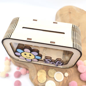 Blumen Spardose personalisiert mit Namen in Wunschfarben, Sparbüchse, Sparschwein, Geldgeschenk, Geschenk Geburt, Taufe, Geburtstag, Daisy