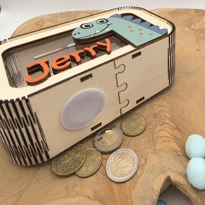 Dino Spardose personalisiert mit Namen in Wunschfarben, Sparbüchse, Sparschwein, Geldgeschenk, Geschenk Geburt, Taufe Geburtstag Dinosaurier