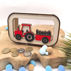 Traktor Spardose personalisiert mit Namen in Wunschfarben, Sparbüchse, Sparschwein, Geldgeschenk, Geschenk Geburt, Taufe, Geburtstag Trecker