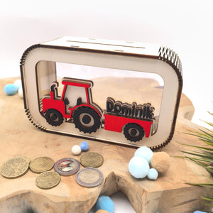 Traktor Spardose personalisiert mit Namen in Wunschfarben, Sparbüchse, Sparschwein, Geldgeschenk, Geschenk Geburt, Taufe, Geburtstag Trecker