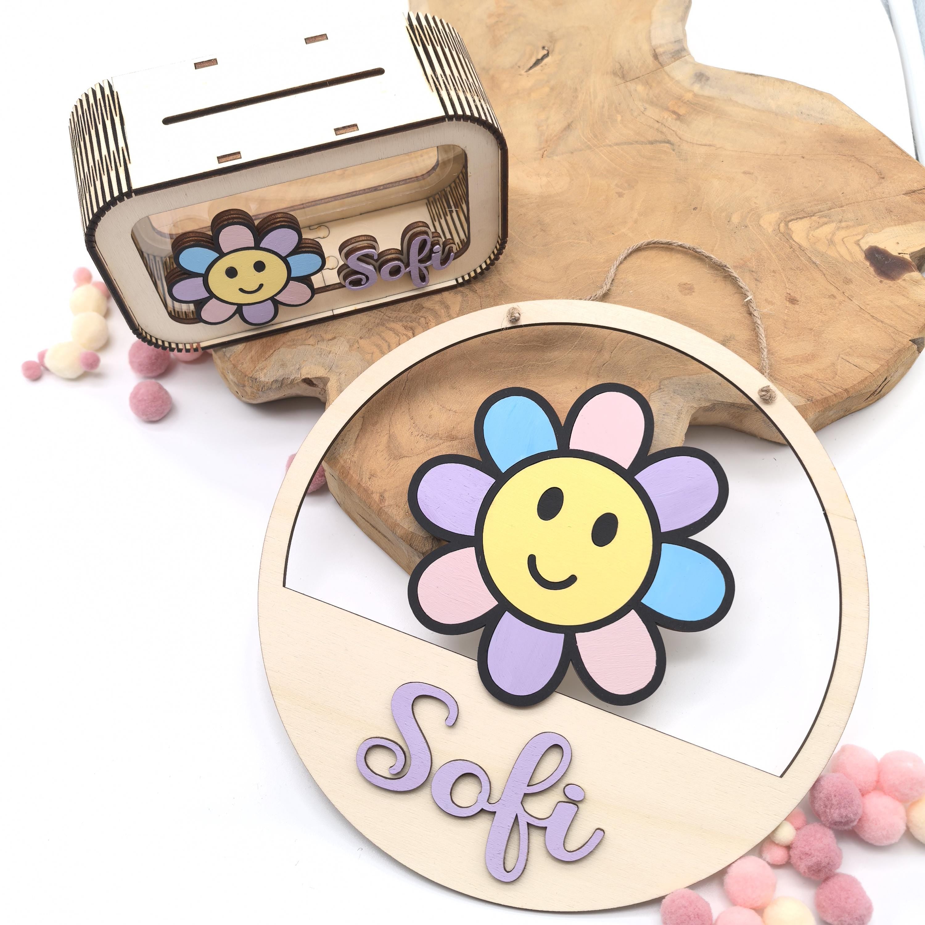 Blumen Türschild personalisiert fürs Kinderzimmer, gefertigt in Wunschfarben, Geschenk Taufe, Geburt, Kindergeburtstag, Daisy, Sonnenblume