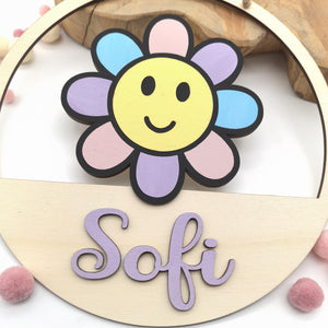 Blumen Türschild personalisiert fürs Kinderzimmer, gefertigt in Wunschfarben, Geschenk Taufe, Geburt, Kindergeburtstag, Daisy, Sonnenblume
