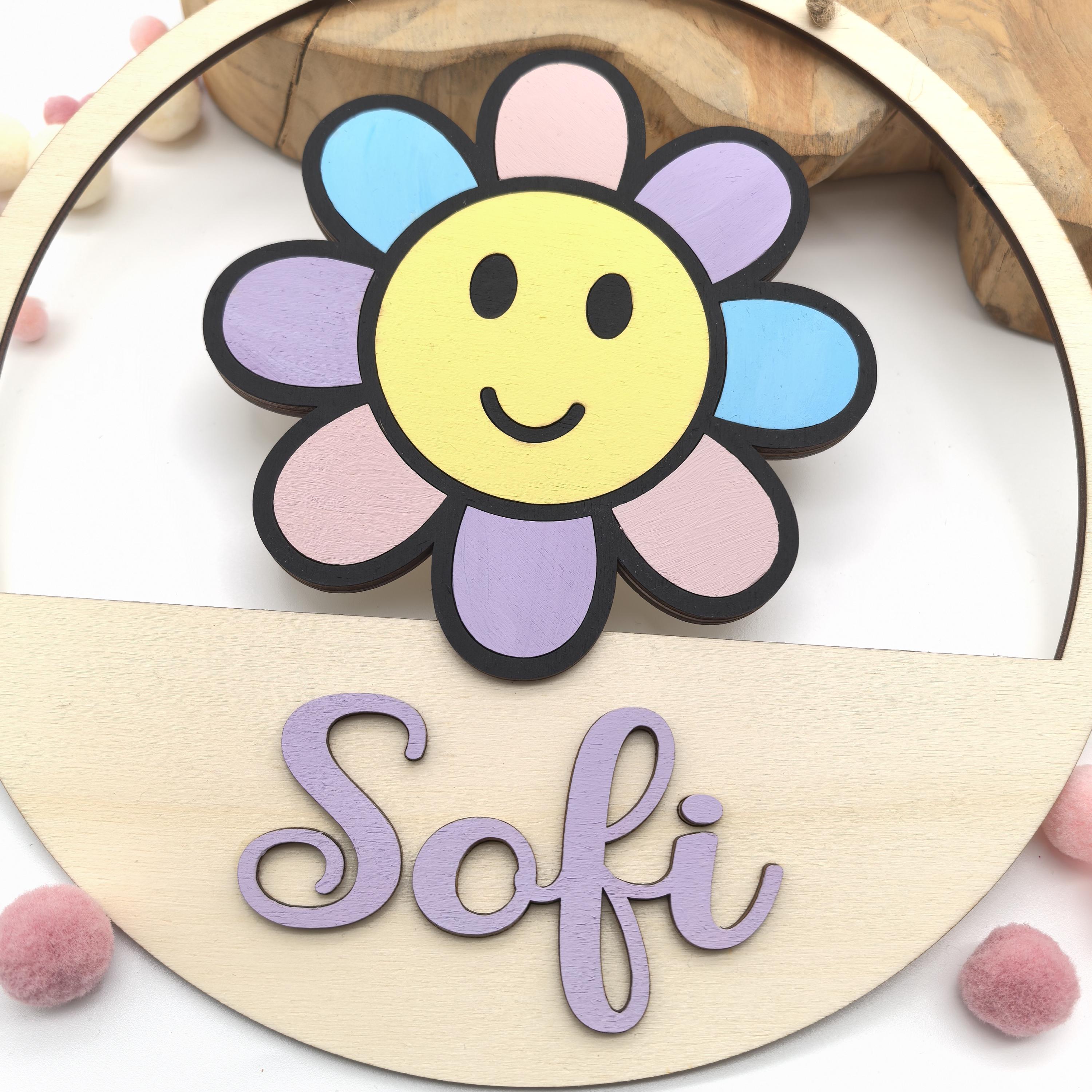 Blumen Türschild personalisiert fürs Kinderzimmer, gefertigt in Wunschfarben, Geschenk Taufe, Geburt, Kindergeburtstag, Daisy, Sonnenblume