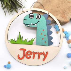 Dino Türschild personalisiert fürs Kinderzimmer, gefertigt in Wunschfarben, Geschenk Taufe, Geburt, Kindergeburtstag, Dinosaurier, Trex