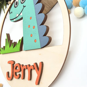 Dino Türschild personalisiert fürs Kinderzimmer, gefertigt in Wunschfarben, Geschenk Taufe, Geburt, Kindergeburtstag, Dinosaurier, Trex