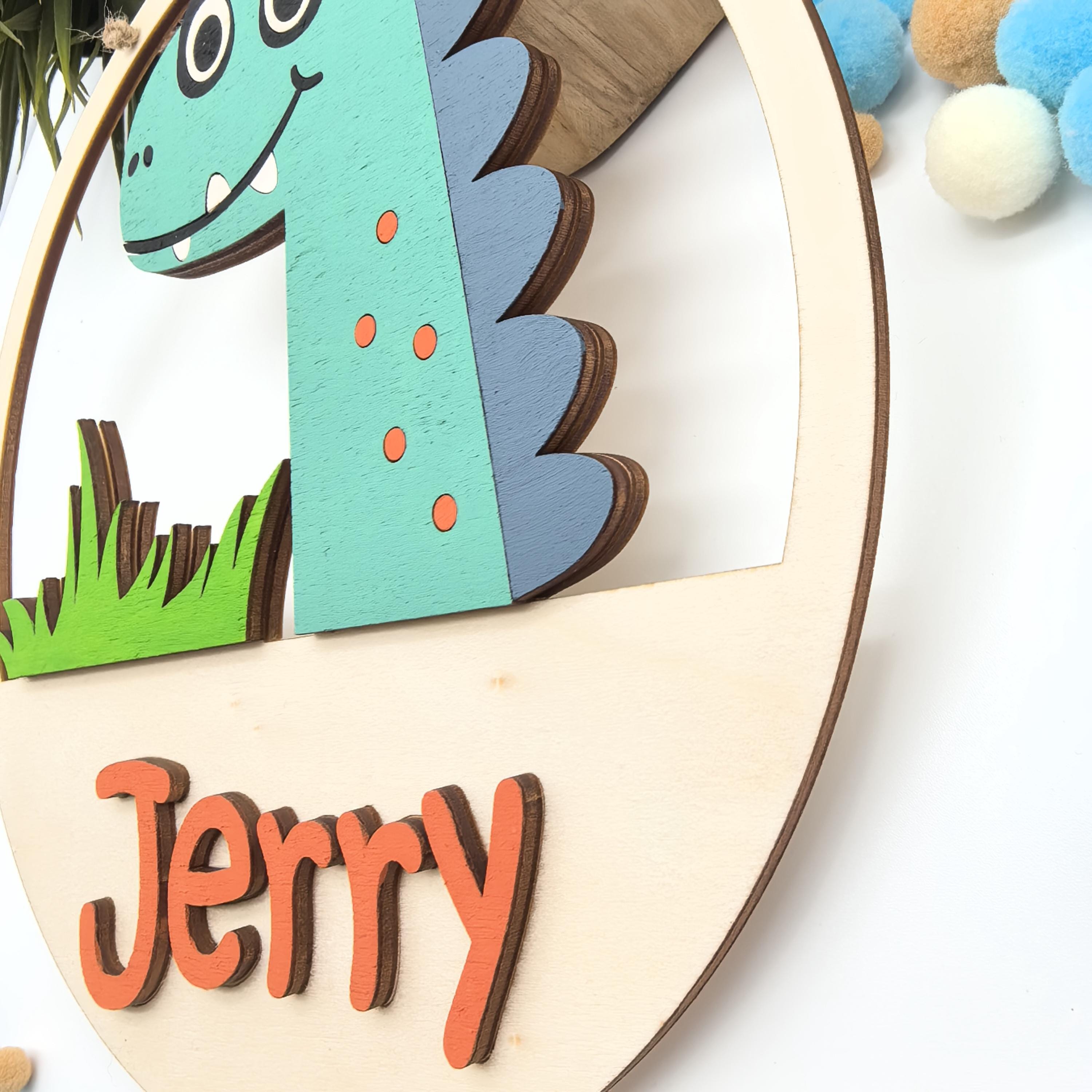 Dino Türschild personalisiert fürs Kinderzimmer, gefertigt in Wunschfarben, Geschenk Taufe, Geburt, Kindergeburtstag, Dinosaurier, Trex