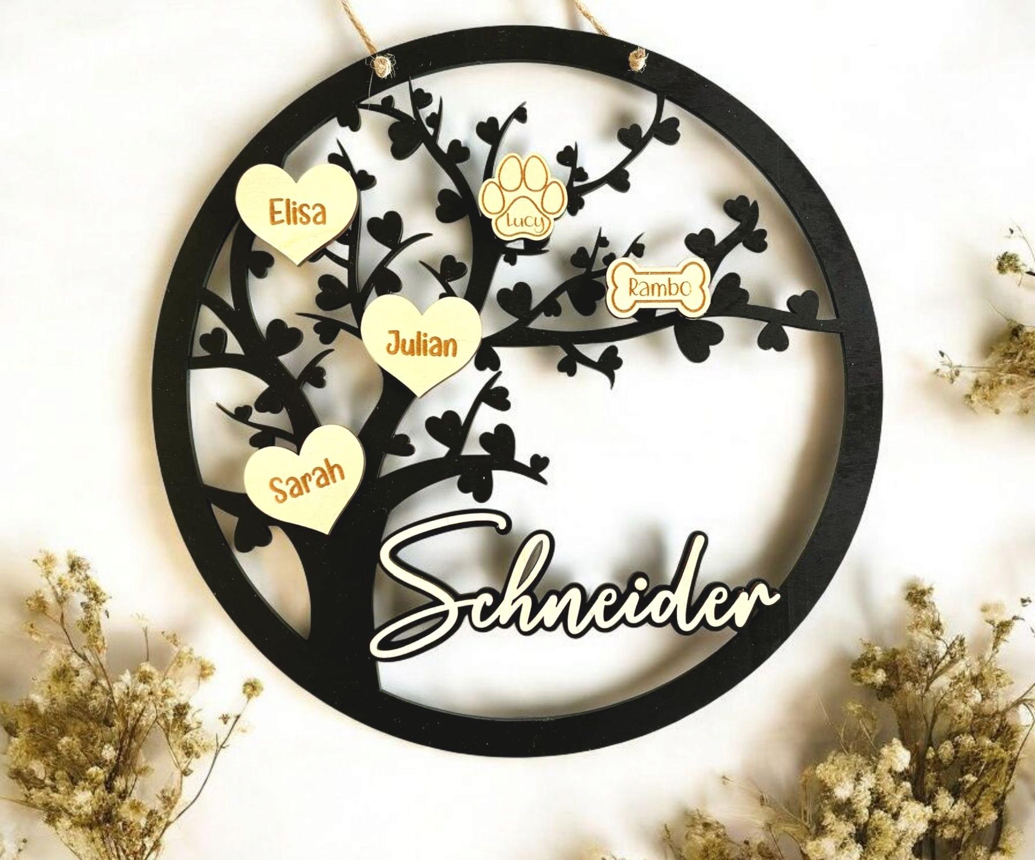personalisierter Türkranz Baum mit Familiennamen, Geschenk Hochzeit, Einzug, Türschild, Haustier, Familienstammbaum, Hund, Katze, Geburtstag