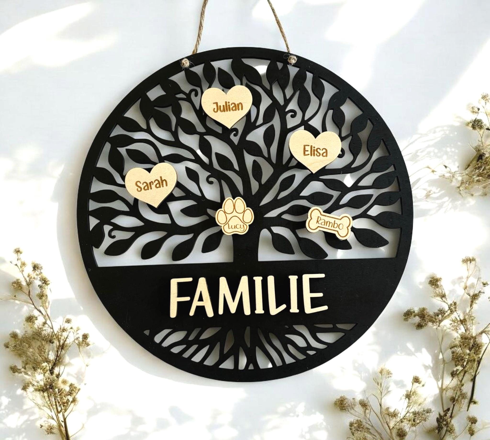 personalisierter Türkranz Baum des Lebens mit Familiennamen, Geschenk Hochzeit, Einzug, Türschild, Haustier, Familienstammbaum