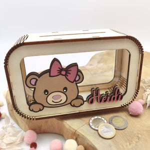 Bär Spardose personalisiert mit Namen in Wunschfarben, Sparbüchse, Sparschwein, Geldgeschenk, Geschenk Geburt, Taufe, Geburtstag, Teddy