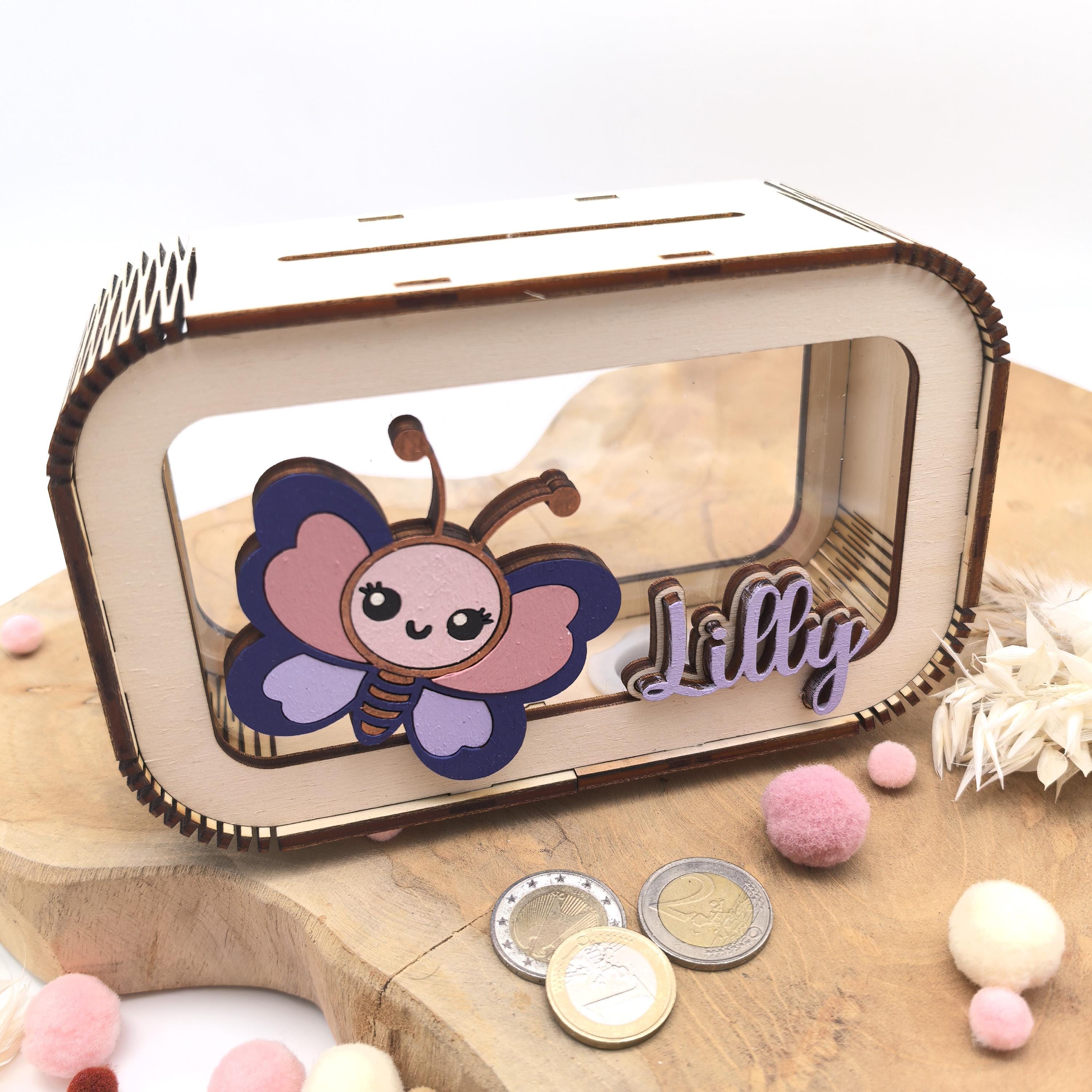 Schmetterling Spardose personalisiert mit Namen in Wunschfarben, Sparbüchse, Sparschwein, Geldgeschenk, Geschenk Geburt, Taufe, Geburtstag