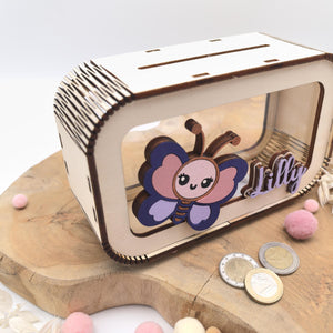 Schmetterling Spardose personalisiert mit Namen in Wunschfarben, Sparbüchse, Sparschwein, Geldgeschenk, Geschenk Geburt, Taufe, Geburtstag