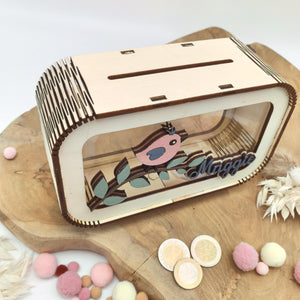 Spardose Vogel personalisiert mit Namen in Wunschfarben, Sparbüchse, Sparschwein, Geldgeschenk, Geschenk Geburt, Taufe, Geburtstag, Häschen