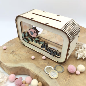 Spardose Vogel personalisiert mit Namen in Wunschfarben, Sparbüchse, Sparschwein, Geldgeschenk, Geschenk Geburt, Taufe, Geburtstag, Häschen