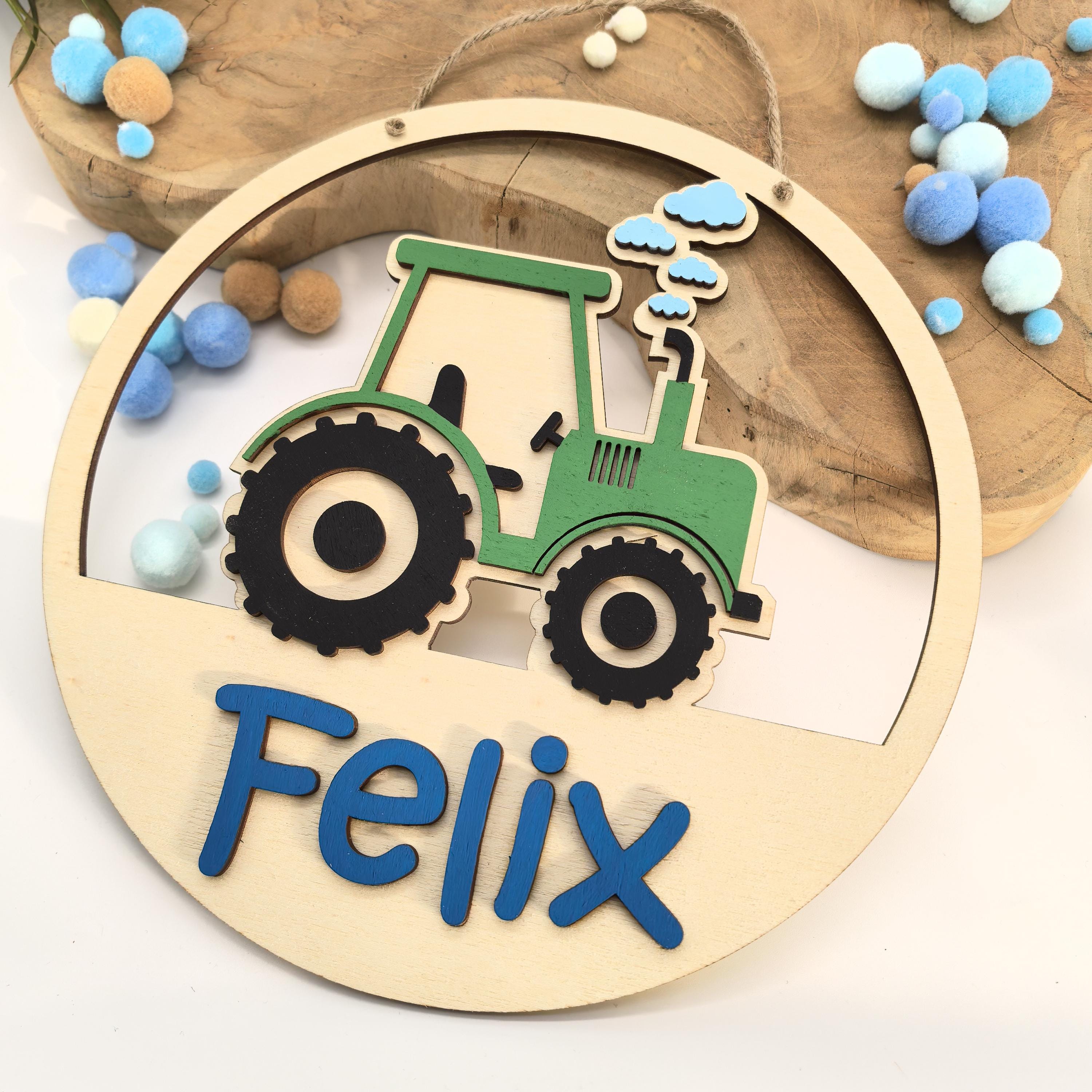 Türschild Traktor personalisiert fürs Kinderzimmer, gefertigt in Wunschfarben, Geschenk Taufe, Geburt, Kindergeburtstag Trecker Namensschild