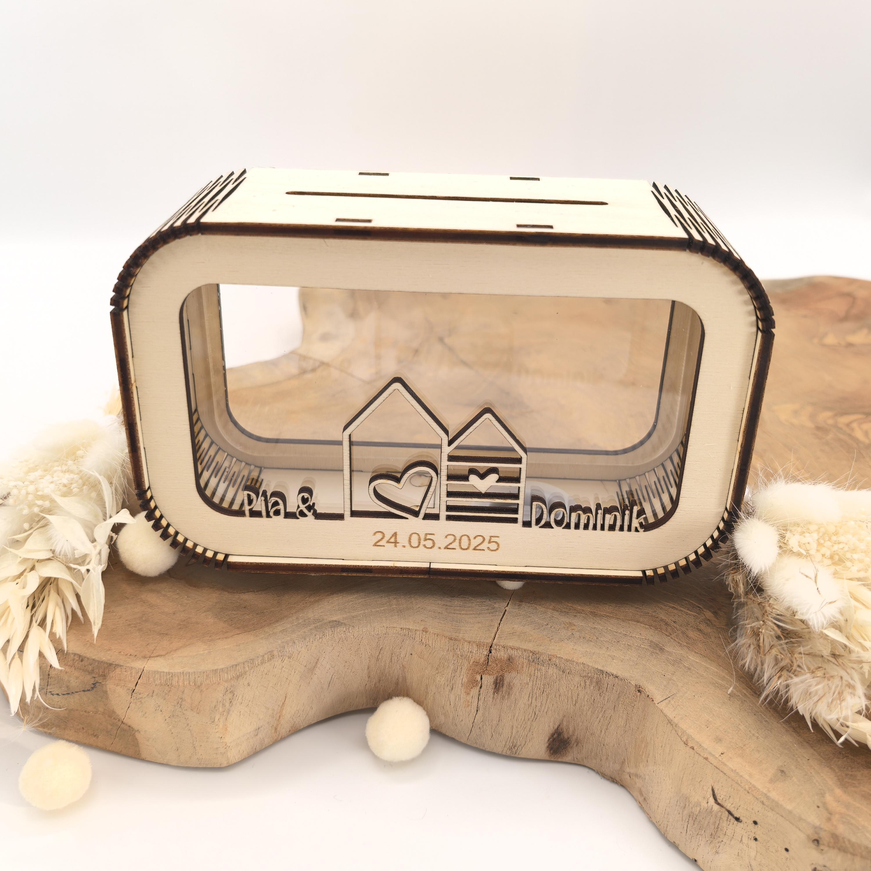 Spardose Hochzeitsgeschenk personalisiert mit Name und Datum, Geldgeschenk, Sparschwein Geburtstagsgeschenk Freundin Ehefrau Einzugsgeschenk