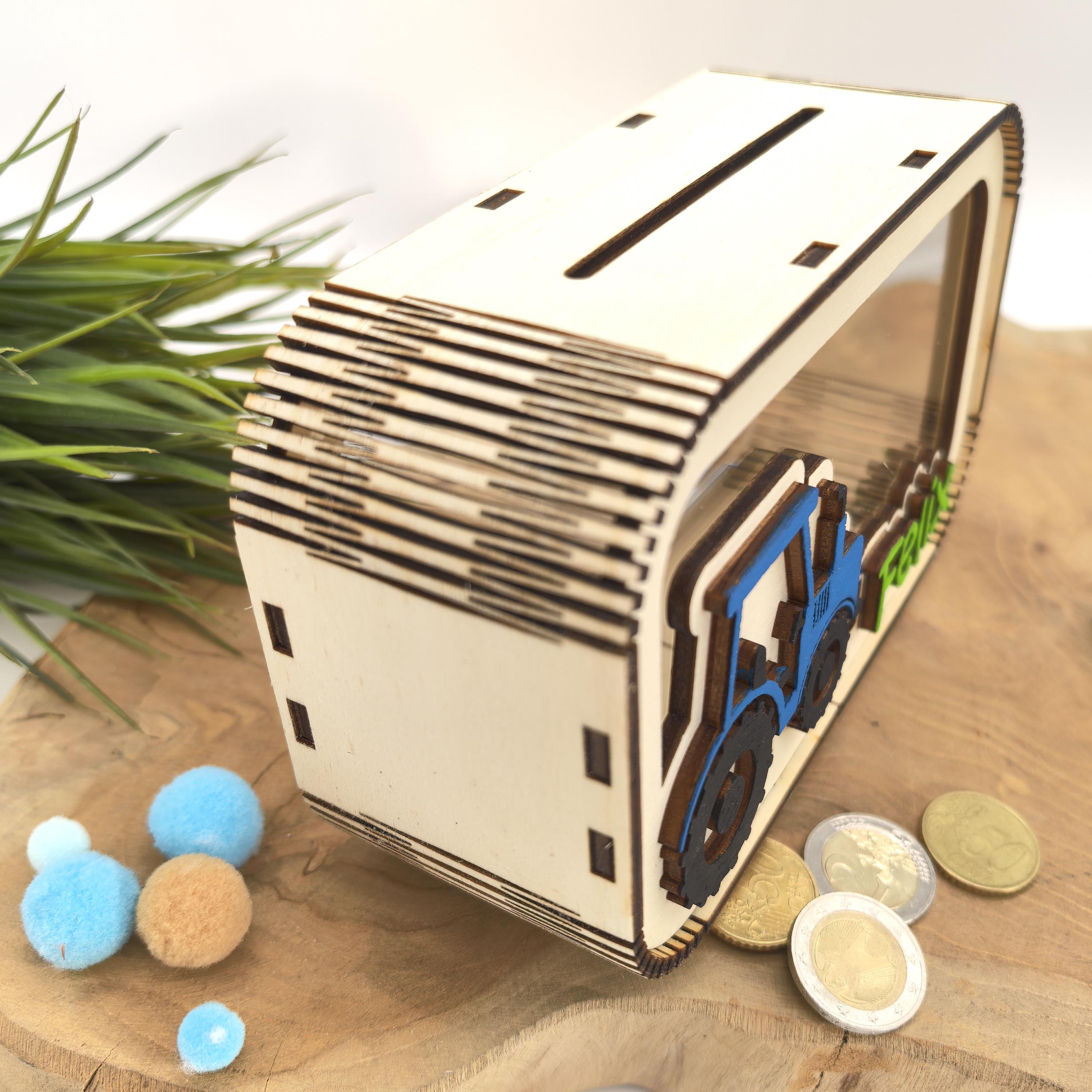 Traktor Spardose personalisiert mit Namen in Wunschfarben, Sparbüchse, Sparschwein, Geldgeschenk, Geschenk Geburt, Taufe, Geburtstag Trecker