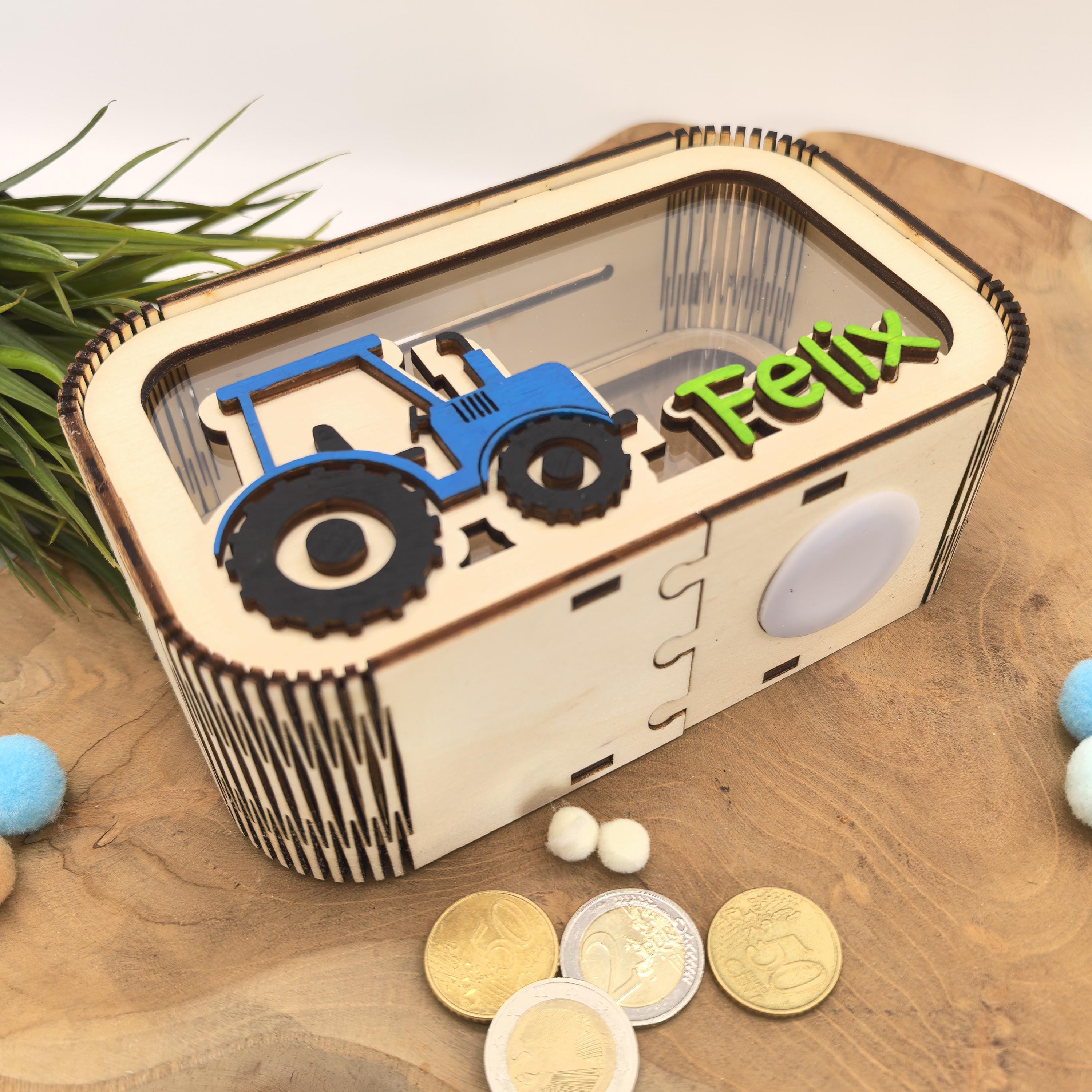 Traktor Spardose personalisiert mit Namen in Wunschfarben, Sparbüchse, Sparschwein, Geldgeschenk, Geschenk Geburt, Taufe, Geburtstag Trecker