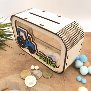 Traktor Spardose personalisiert mit Namen in Wunschfarben, Sparbüchse, Sparschwein, Geldgeschenk, Geschenk Geburt, Taufe, Geburtstag Trecker