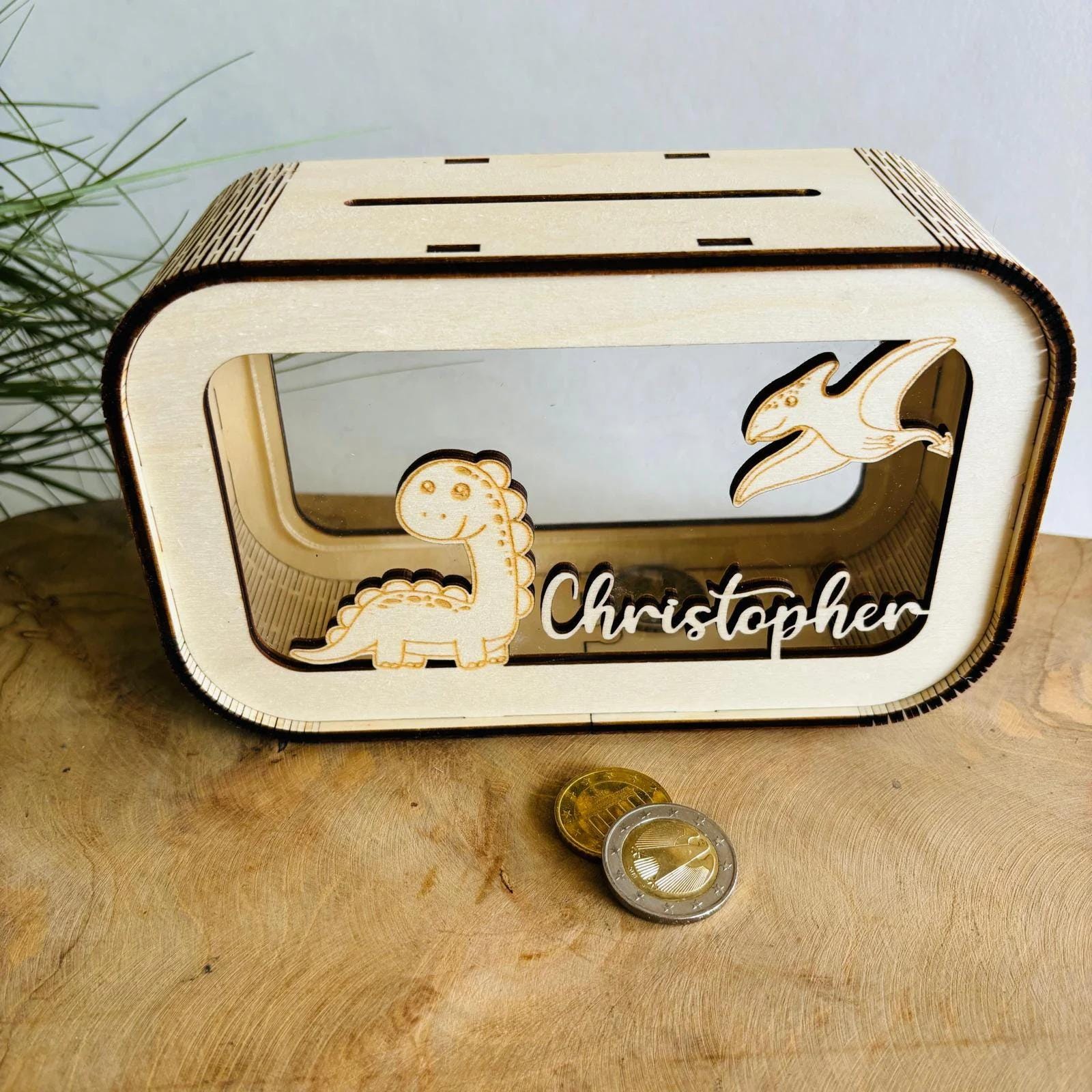 Dino Spardose personalisiert mit Namen, Sparbüchse, Sparschwein, Geldgeschenk, Geschenk zur Geburt, Taufe, Geburtstag, Dinosaurier, Trex