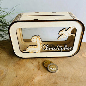 Dino Spardose personalisiert mit Namen, Sparbüchse, Sparschwein, Geldgeschenk, Geschenk zur Geburt, Taufe, Geburtstag, Dinosaurier, Trex