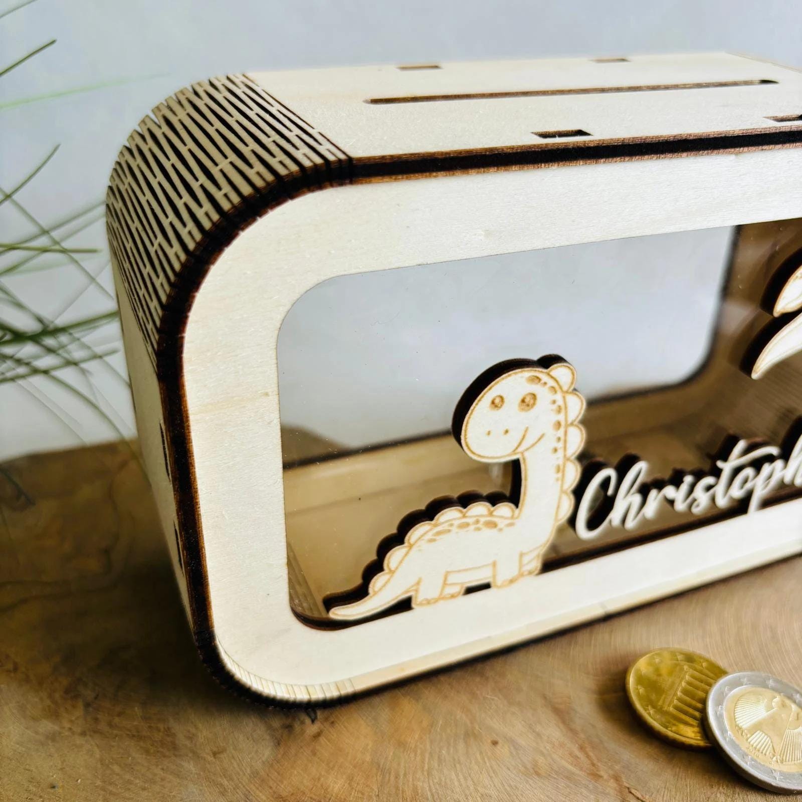 Dino Spardose personalisiert mit Namen, Sparbüchse, Sparschwein, Geldgeschenk, Geschenk zur Geburt, Taufe, Geburtstag, Dinosaurier, Trex