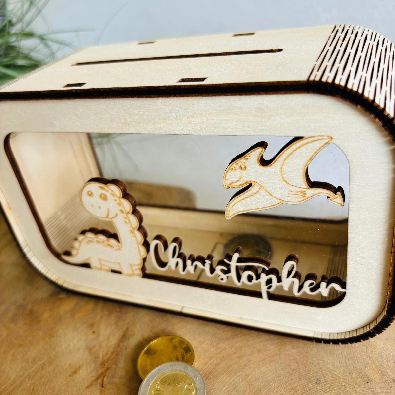 Dino Spardose personalisiert mit Namen, Sparbüchse, Sparschwein, Geldgeschenk, Geschenk zur Geburt, Taufe, Geburtstag, Dinosaurier, Trex