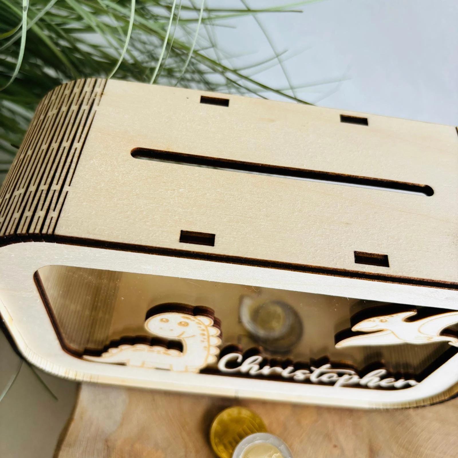 Dino Spardose personalisiert mit Namen, Sparbüchse, Sparschwein, Geldgeschenk, Geschenk zur Geburt, Taufe, Geburtstag, Dinosaurier, Trex