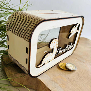 Dino Spardose personalisiert mit Namen, Sparbüchse, Sparschwein, Geldgeschenk, Geschenk zur Geburt, Taufe, Geburtstag, Dinosaurier, Trex