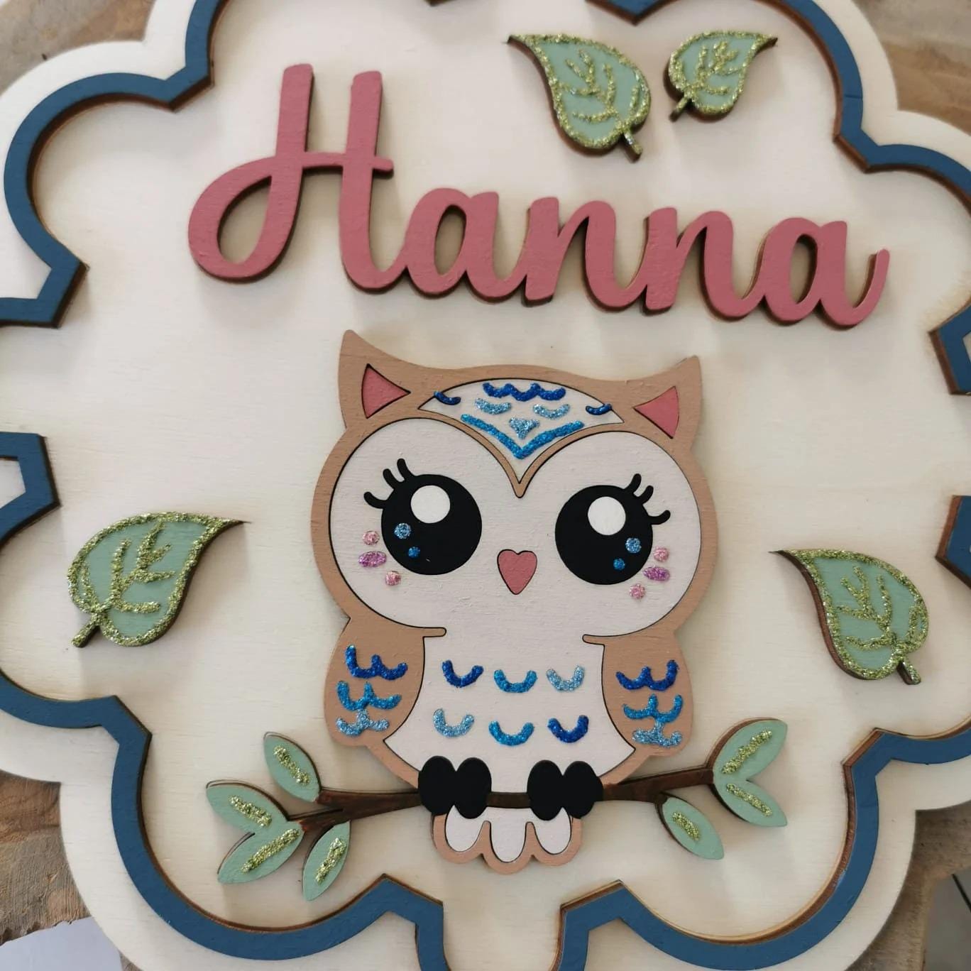 Süßes Eulen Türschild personalisiert fürs Kinderzimmer, gefertigt in Wunschfarben, Geschenk Taufe, Geburt, Kindergeburtstag, Eule, Waldtier