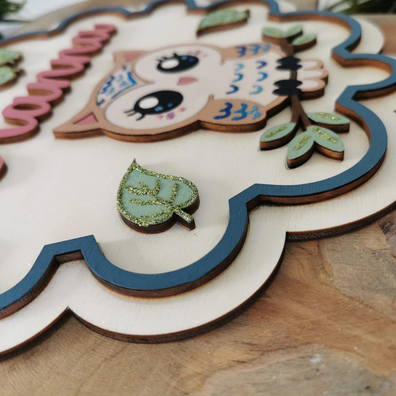 Süßes Eulen Türschild personalisiert fürs Kinderzimmer, gefertigt in Wunschfarben, Geschenk Taufe, Geburt, Kindergeburtstag, Eule, Waldtier