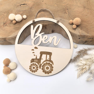 Türschild Traktor personalisiert fürs Kinderzimmer, gefertigt in Wunschfarben, Geschenk Taufe, Geburt, Kindergeburtstag Trecker Namensschild