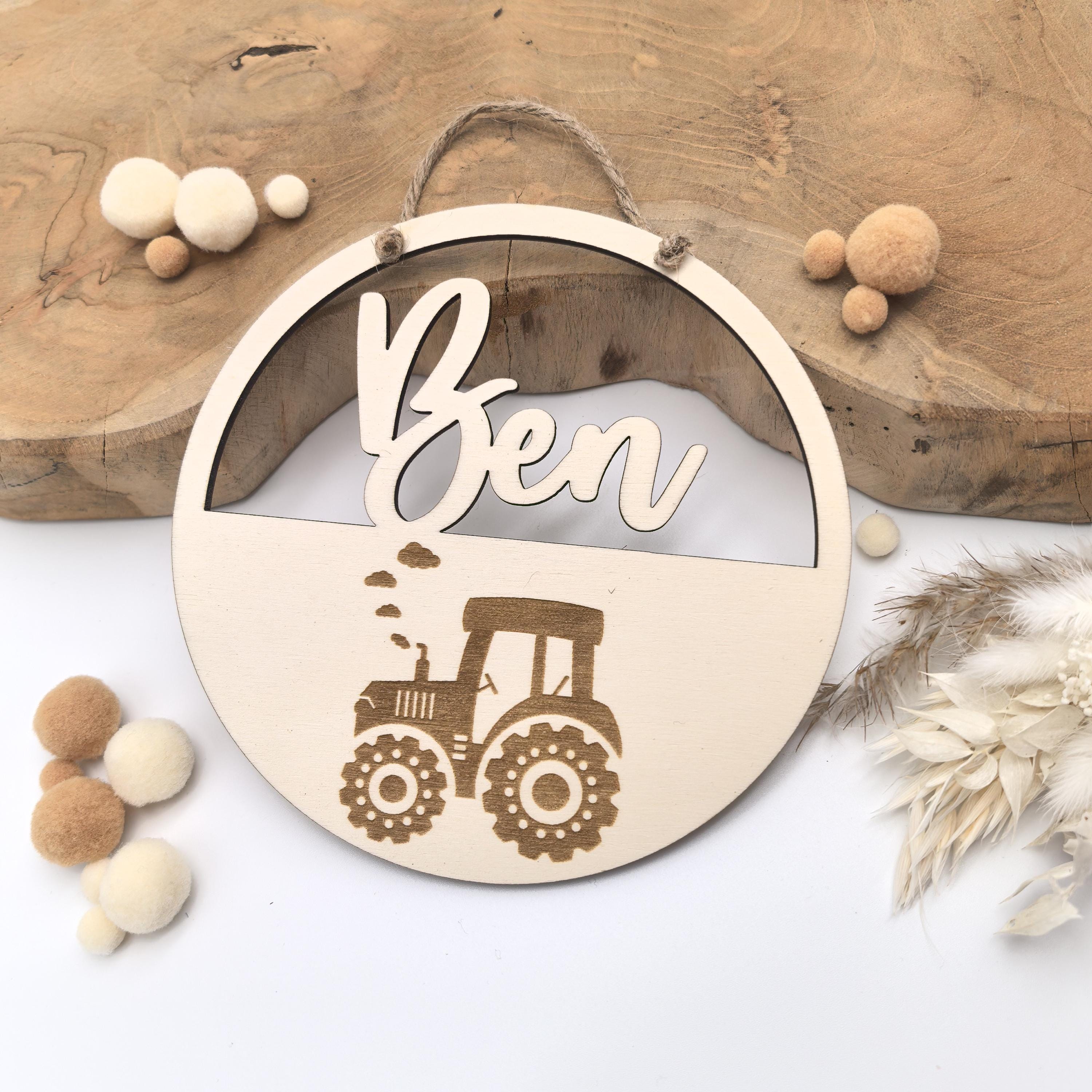 Türschild Traktor personalisiert fürs Kinderzimmer, gefertigt in Wunschfarben, Geschenk Taufe, Geburt, Kindergeburtstag Trecker Namensschild