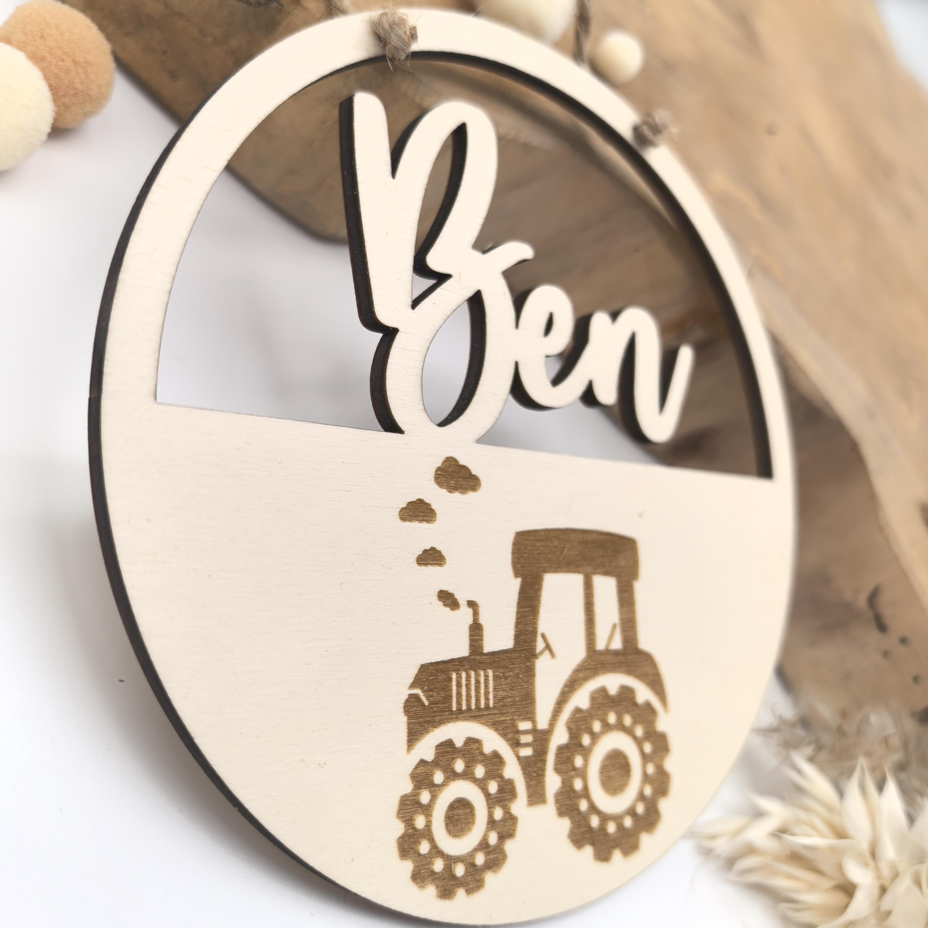 Türschild Traktor personalisiert fürs Kinderzimmer, gefertigt in Wunschfarben, Geschenk Taufe, Geburt, Kindergeburtstag Trecker Namensschild