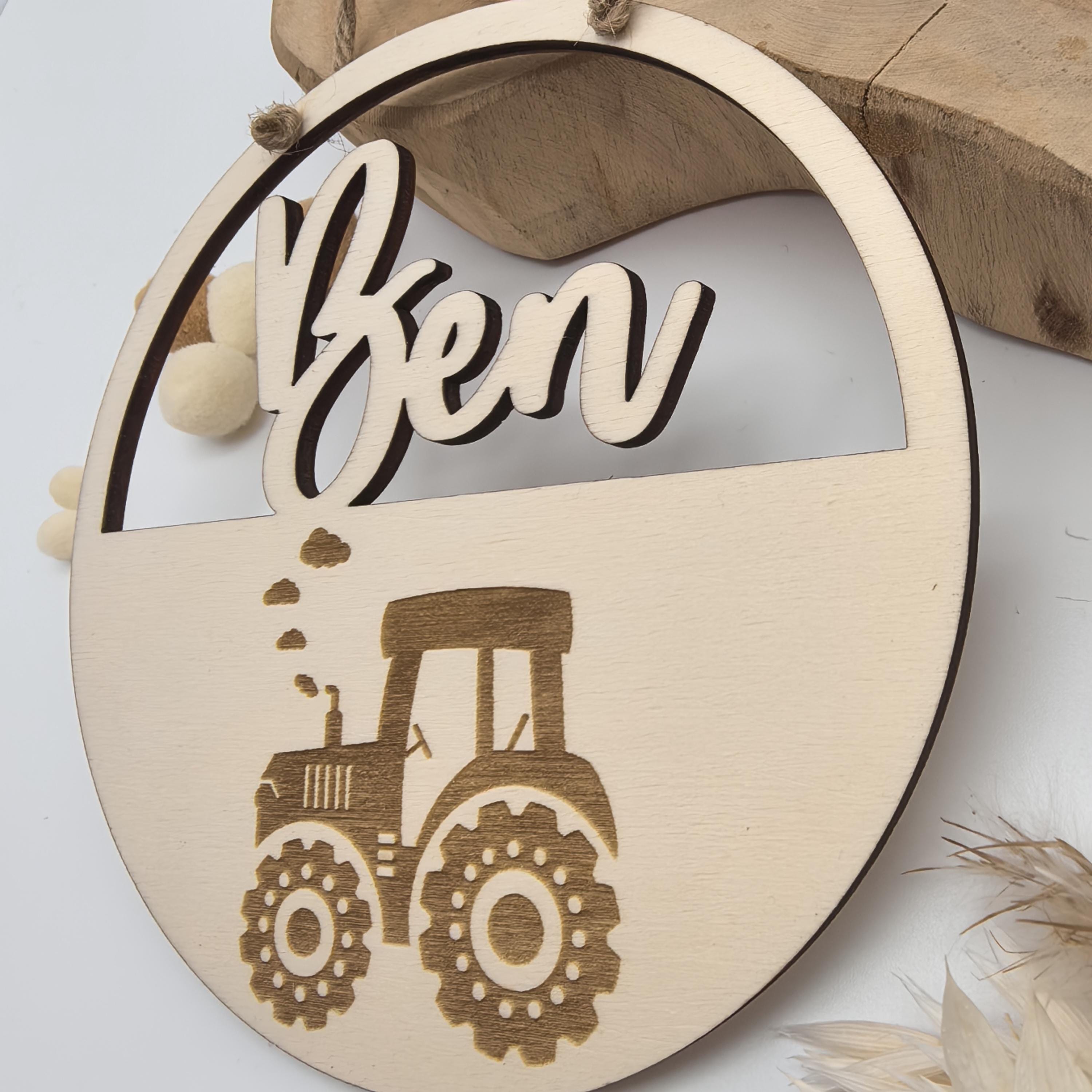 Türschild Traktor personalisiert fürs Kinderzimmer, gefertigt in Wunschfarben, Geschenk Taufe, Geburt, Kindergeburtstag Trecker Namensschild