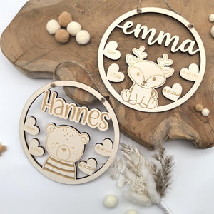 Namensschild mit Geburtsdaten aus Holz , 61 süße Tiermotive, personalisiertes Geschenk zur Geburt / Taufe, Kinder Geburtstag, Baby Shower