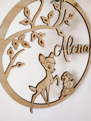 Personalisiertes Namensschild, Türschild, Holzschild Kinder Baby, Geschenk Geburt Taufe Geburtstag, Kinderzimmer Patenkind, bamby Reh Hase