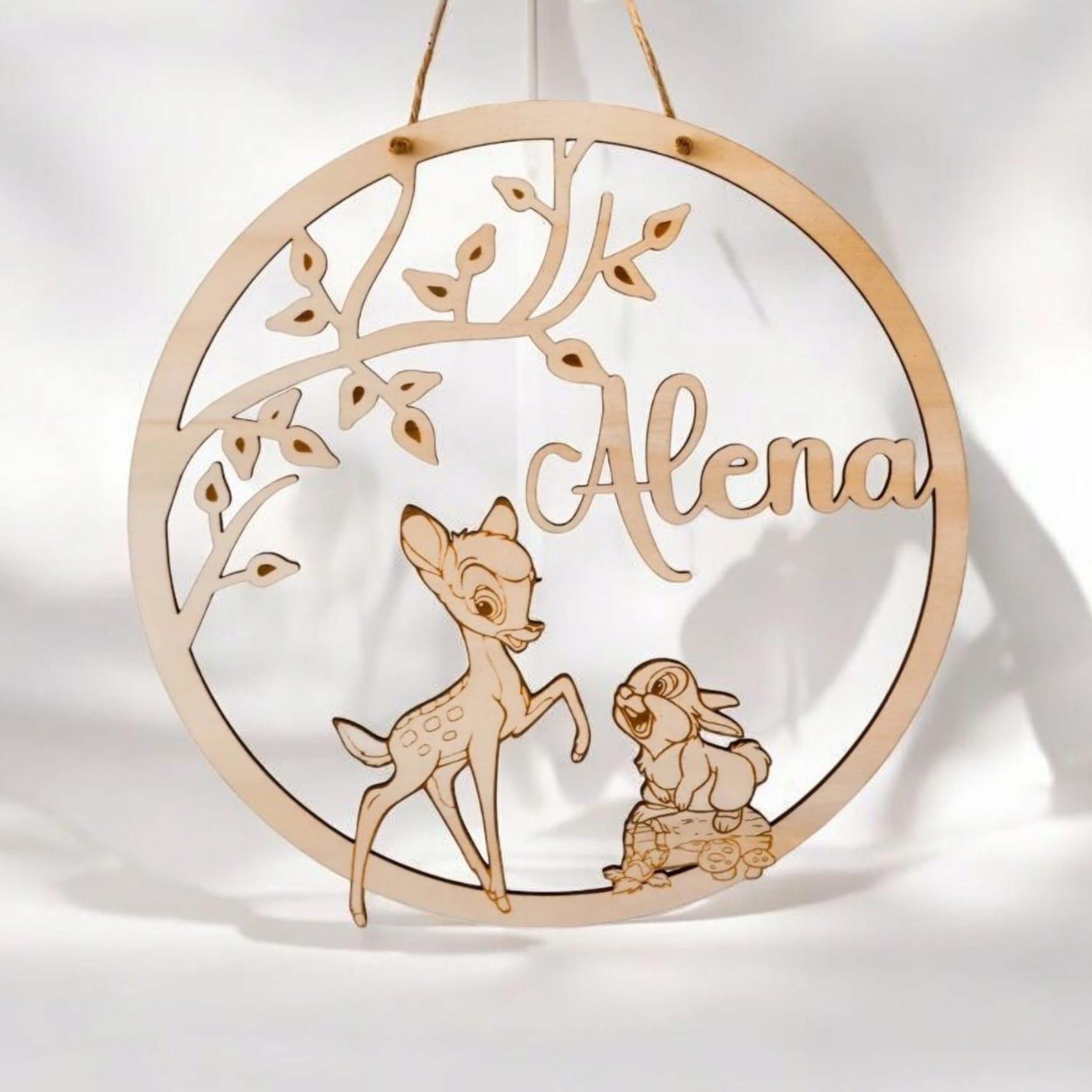 Personalisiertes Namensschild, Türschild, Holzschild Kinder Baby, Geschenk Geburt Taufe Geburtstag, Kinderzimmer Patenkind, bamby Reh Hase