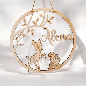 Personalisiertes Namensschild, Türschild, Holzschild Kinder Baby, Geschenk Geburt Taufe Geburtstag, Kinderzimmer Patenkind, bamby Reh Hase