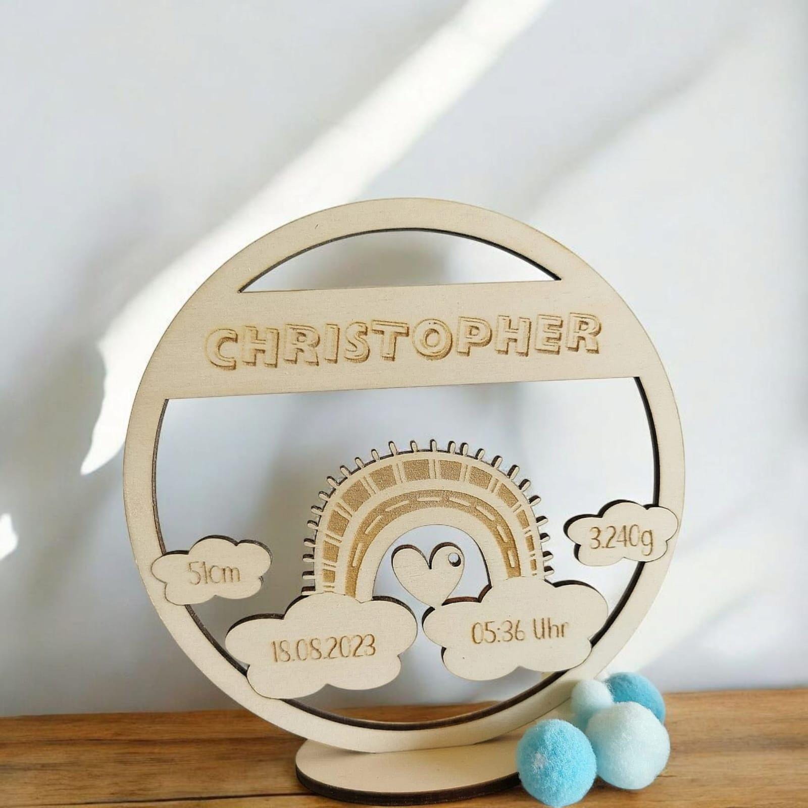 Namensschild mit Geburtsdaten aus Holz , und süßen Regenbogen, personalisiertes Geschenk zur Geburt / Taufe, Kinder Geburtstag, Baby Shower