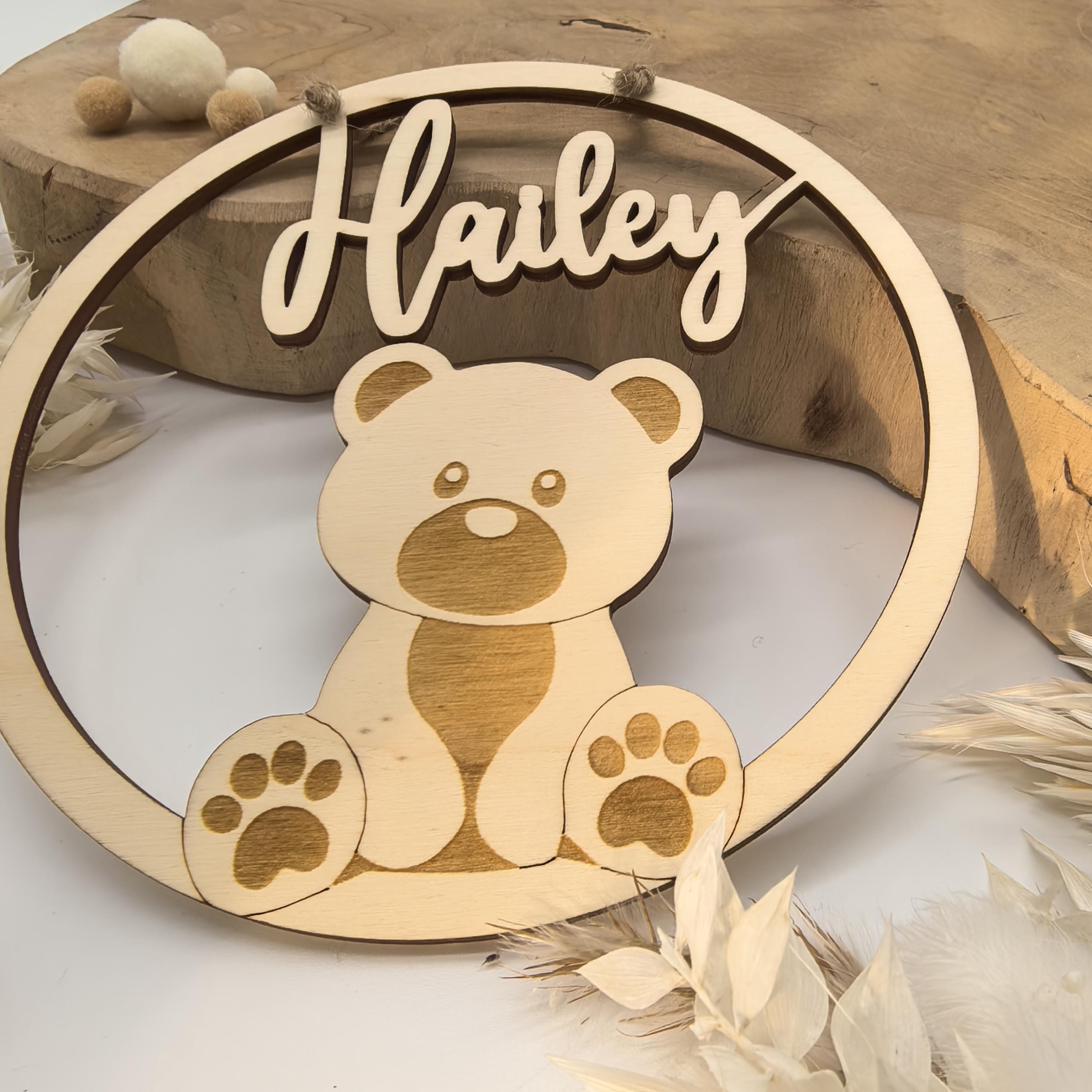 Teddybär Türschild personalisiert fürs Kinderzimmer, gefertigt in Wunschfarben, Geschenk Taufe, Geburt, Kindergeburtstag, Namensschild