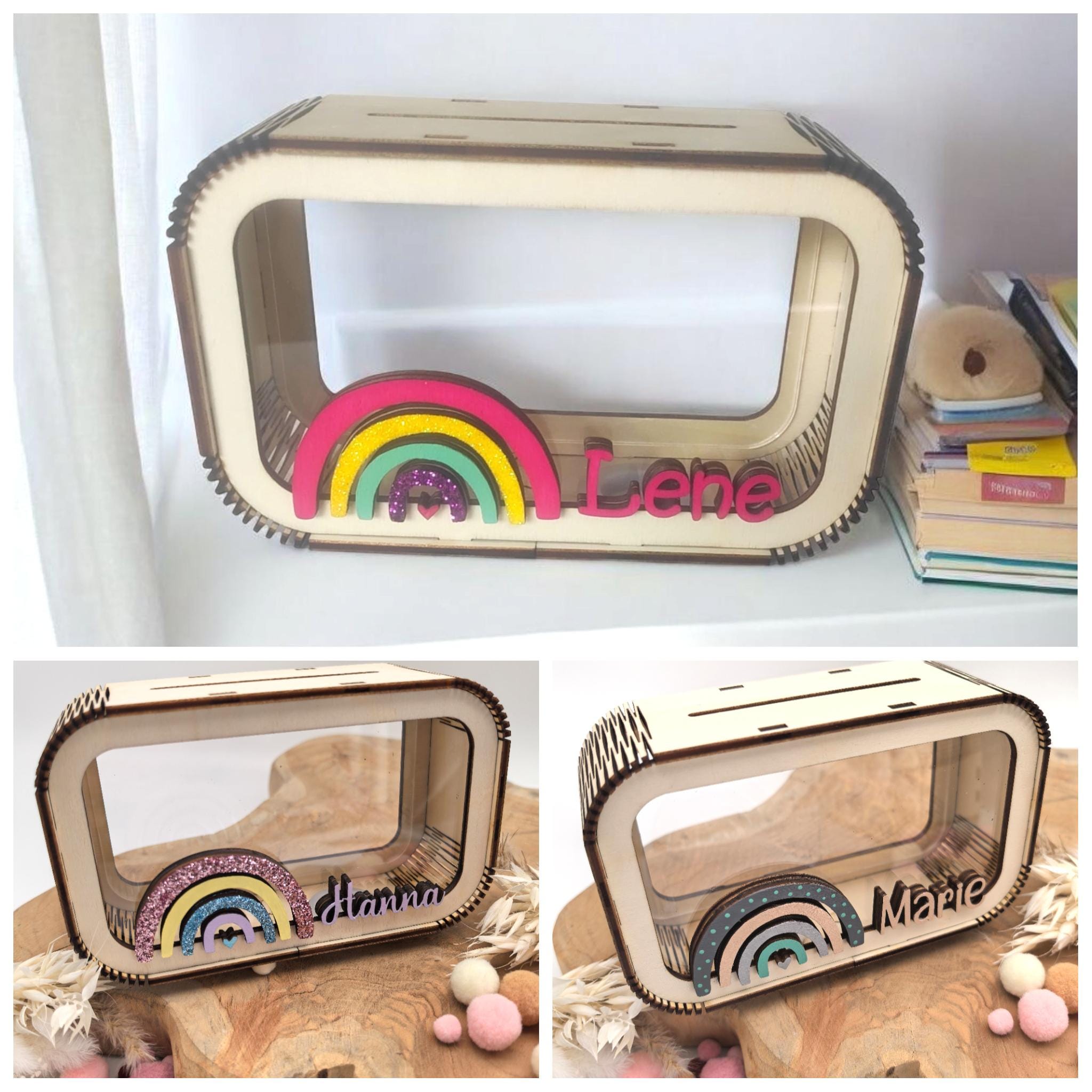 Regenbogen Spardose personalisiert mit Namen in Wunschfarben, Sparbüchse, Sparschwein, Geldgeschenk, Geschenk Geburt, Taufe, Geburtstag