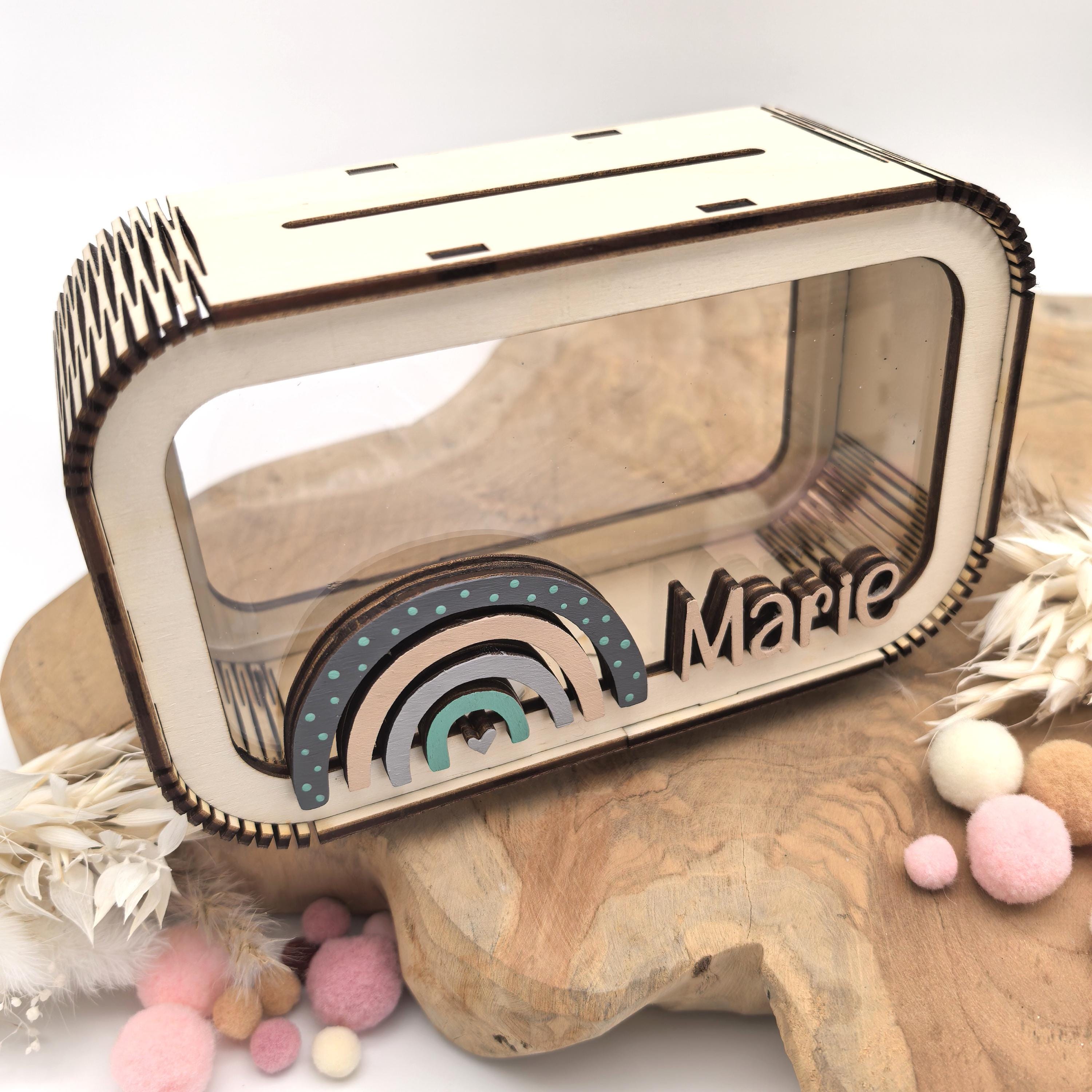 Regenbogen Spardose personalisiert mit Namen in Wunschfarben, Sparbüchse, Sparschwein, Geldgeschenk, Geschenk Geburt, Taufe, Geburtstag