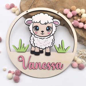 Süßes Schaf Türschild personalisiert fürs Kinderzimmer, gefertigt in Wunschfarben, Geschenk Taufe, Geburt, Kindergeburtstag, Schäfchen